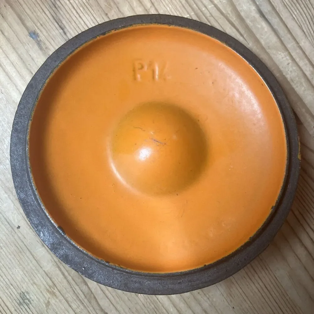 Vintage Le Creuset #14 Flame Orange Enameled Cast Iron Wood Handle Saucepan